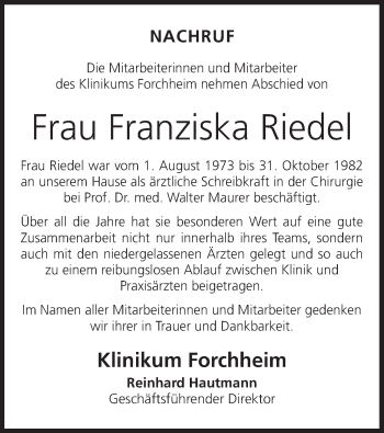 Anzeige von Franziska Riedel von MGO