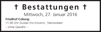 Anzeige von Bestattungen vom 27.01.2016 von MGO