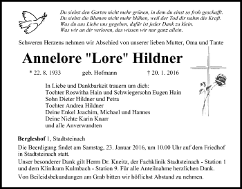 Anzeige von Annelore Hildner von MGO