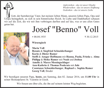Anzeige von Josef Benno Voll von MGO