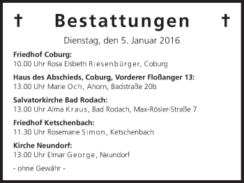 Anzeige von Bestattungen vom 05.01.2016 von MGO