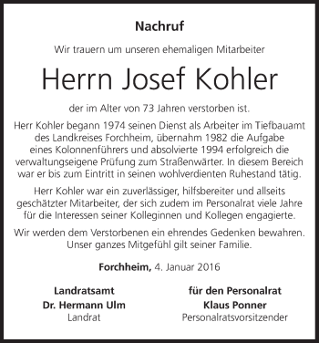 Anzeige von Josef Kohler von MGO