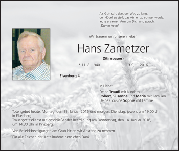 Anzeige von Hans Zametzer von MGO