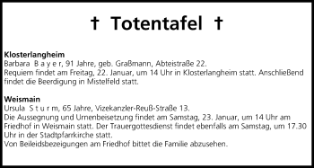 Anzeige von Totentafel vom 22.01.2016 von MGO