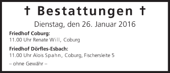 Anzeige von Bestattungen vom 26.01.2016 von MGO