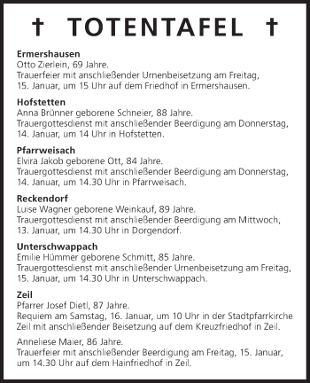Anzeige von Totentafel vom 13.01.2016 von MGO