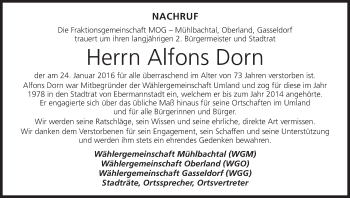 Anzeige von Alfons Dorn von MGO