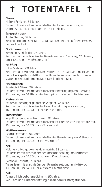 Anzeige von Totentafel vom 12.01.2016 von MGO