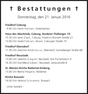 Anzeige von Bestattungen vom 21.01.2016 von MGO