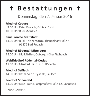 Anzeige von Bestattungen vom 06.01.2016 von MGO