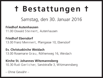Anzeige von Bestattungen vom 30.01.2016 von MGO