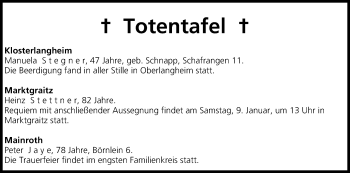 Anzeige von Totentafel vom 09.01.2016 von MGO