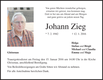 Anzeige von Johann Zieg von MGO