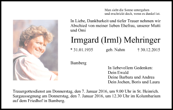 Anzeige von Irmgard Irml Mehringer von MGO