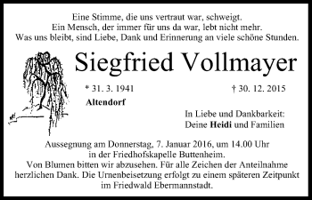 Anzeige von Siegfried Vollmayer von MGO