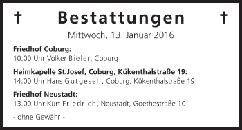 Anzeige von Bestattungen vom 13.01.2016 von MGO