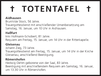 Anzeige von Totentafel vom 15.01.2016 von MGO