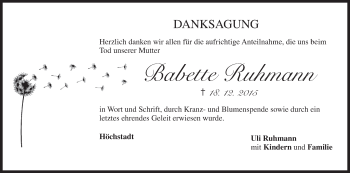 Anzeige von Babette Ruhmann von MGO