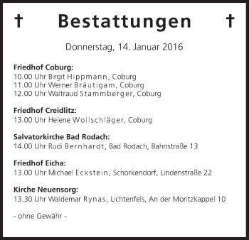 Anzeige von Bestattungen vom 14.01.2016 von MGO
