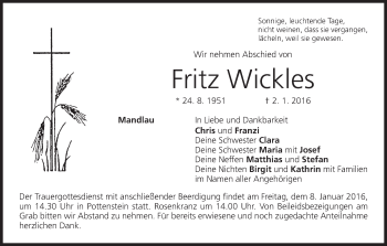 Anzeige von Fritz Wickles von MGO