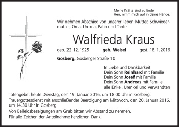 Anzeige von Walfrieda Kraus von MGO