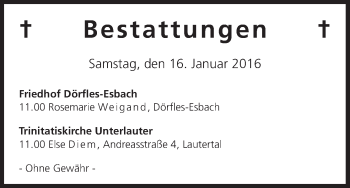 Anzeige von Bestattungen vom 16.01.2016 von MGO