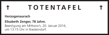 Anzeige von Totentafel vom 18.01.2016 von MGO