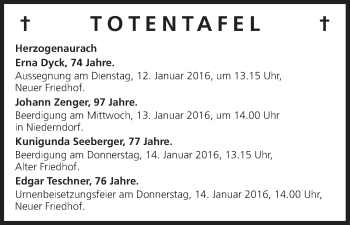 Anzeige von Totentafel vom 09.01.2016 von MGO