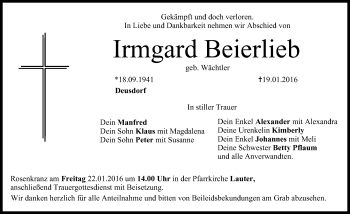 Anzeige von Irmgard Beierlieb von MGO