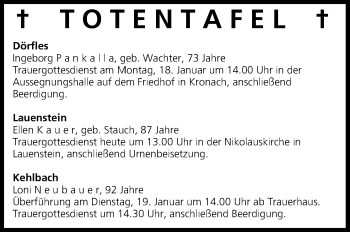 Anzeige von Totentafel vom 16.01.2016 von MGO