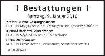 Anzeige von Bestattungen vom 09.01.2016 von MGO