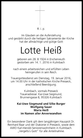 Anzeige von Lotte Heiß von MGO