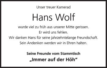 Anzeige von Hans Wolf von MGO