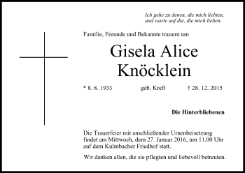 Anzeige von Gisela Alice Knöcklein von MGO