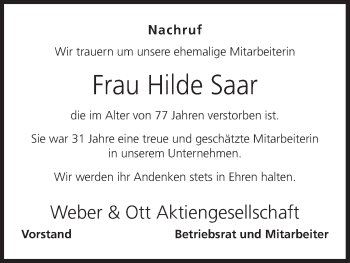Anzeige von Hilde Saar von MGO