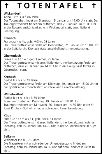 Anzeige von Totentafel vom 19.01.2016 von MGO