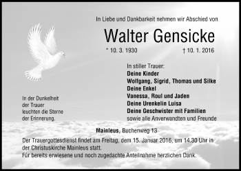 Anzeige von Walter Gensicke von MGO