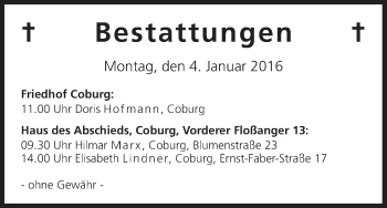 Anzeige von Bestattungen vom 04.01.2016 von MGO