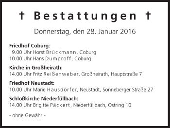 Anzeige von Bestattungen vom 28.01.2016 von MGO