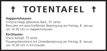 Anzeige von Totentafel vom 08.01.2016 von MGO