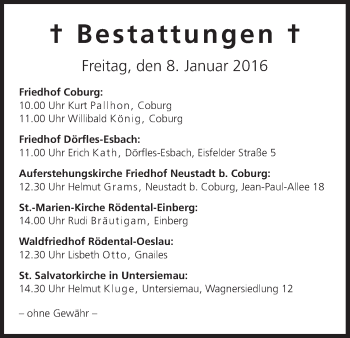 Anzeige von Bestattungen vom 08.01.2016 von MGO