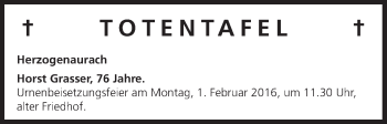 Anzeige von Totentafel vom 29.01.2016 von MGO