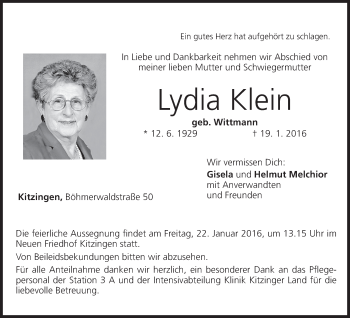 Anzeige von Lydia Klein von MGO