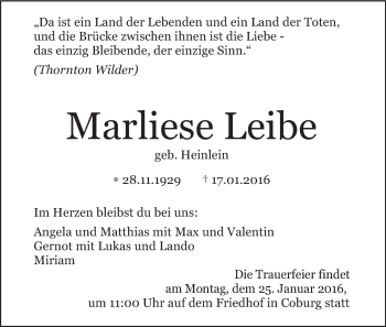 Anzeige von Marliese Leibe von MGO