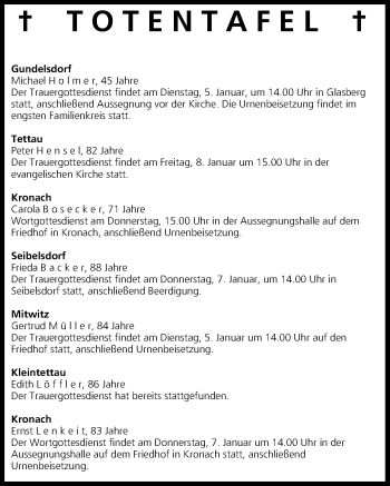 Anzeige von Totentafel vom 05.01.2016 von MGO