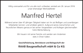 Anzeige von Manfred Hertel von MGO