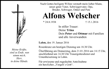Anzeige von Alfons Welscher von MGO
