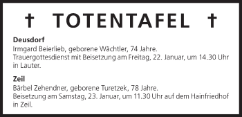 Anzeige von Totentafel vom 22.01.2016 von MGO