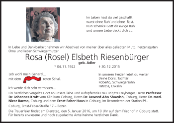 Anzeige von Rosa Elsbeth Riesenbürger von MGO