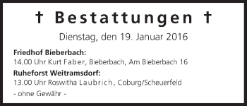 Anzeige von Bestattungen vom 19.01.2016 von MGO